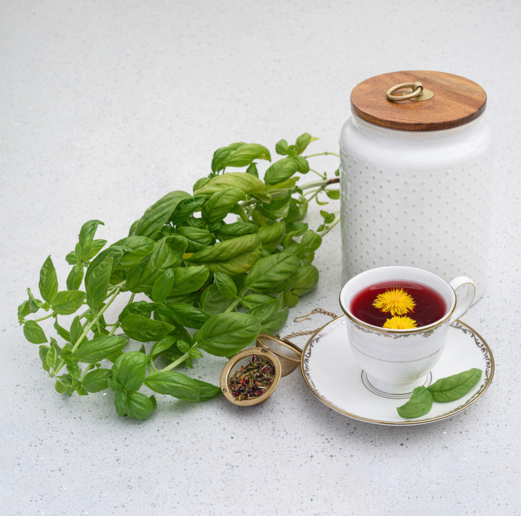 Fresh basil next to white herb container with wooden lid next to white teacup with red tea inside on a white background