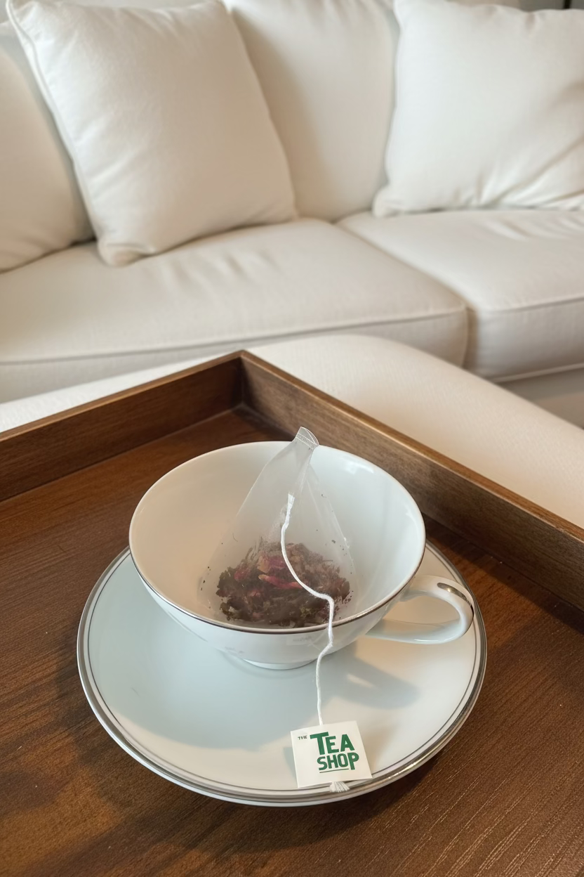 Tea bag in a teacup with a 'The Tea Shop' tag on a wooden table