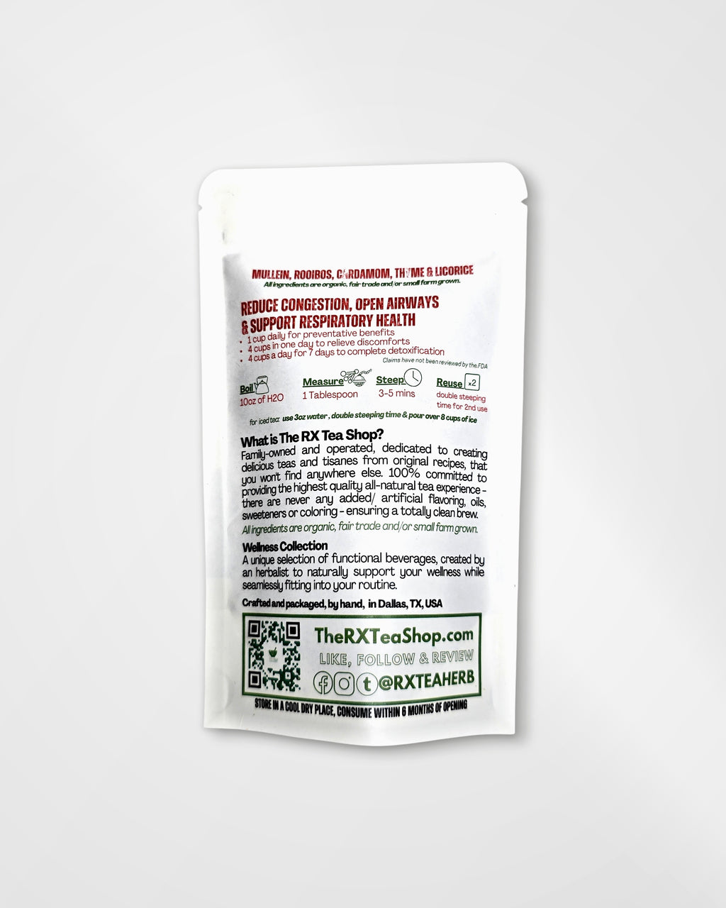 A single white stand-up pouch package for The RX Tea Shop, photographed against a light gray background. The front features red and black text, product information, a QR code, and social media icons.
