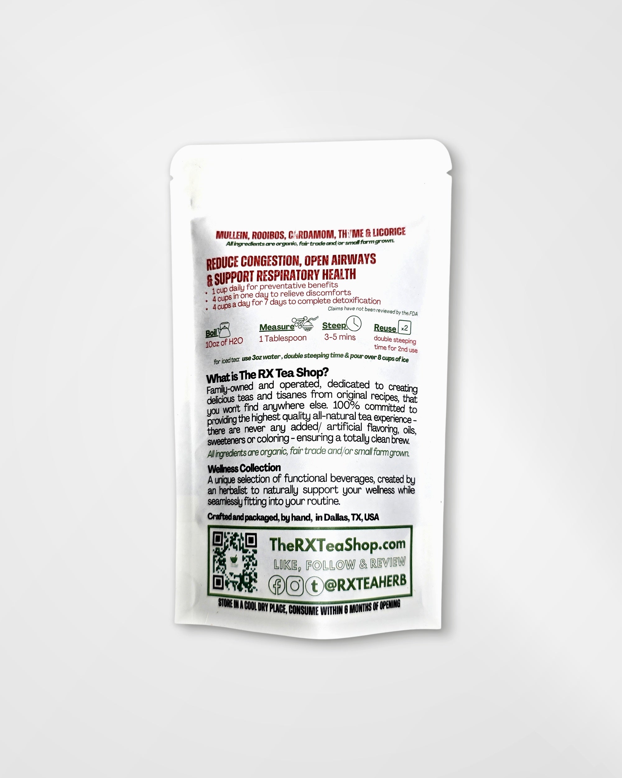 A single white stand-up pouch package for The RX Tea Shop, photographed against a light gray background. The front features red and black text, product information, a QR code, and social media icons.