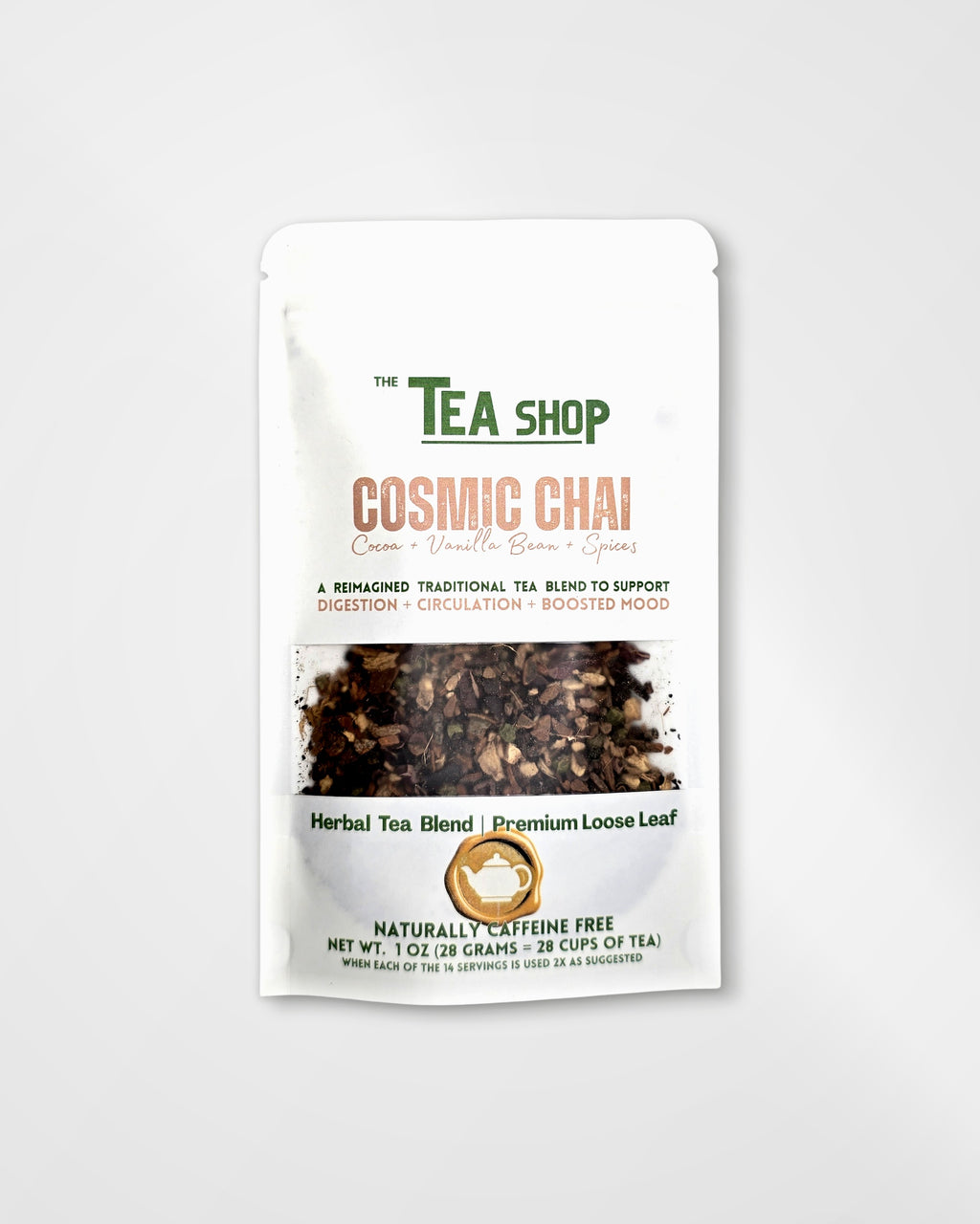 A stand-up pouch of 'The Tea Shop' Cosmic Chai herbal tea blend, featuring a white background with green and peach text and a clear window showing the dark herbal tea inside.