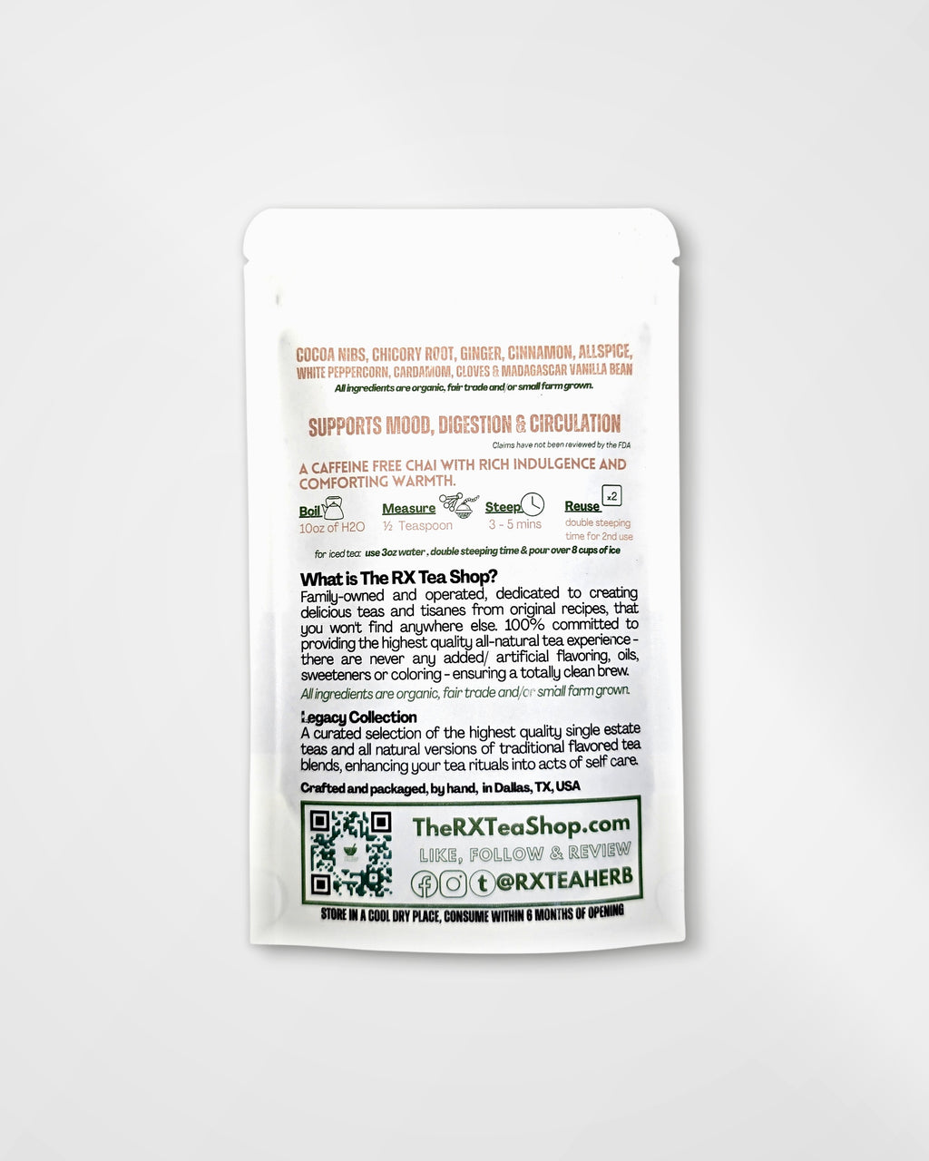 A single white stand-up pouch package photographed on a light gray background. The front is mostly blank, but the back shows product information including the brand name The RX Tea Shop, website text, ingredient mentions, icons, and a QR code.