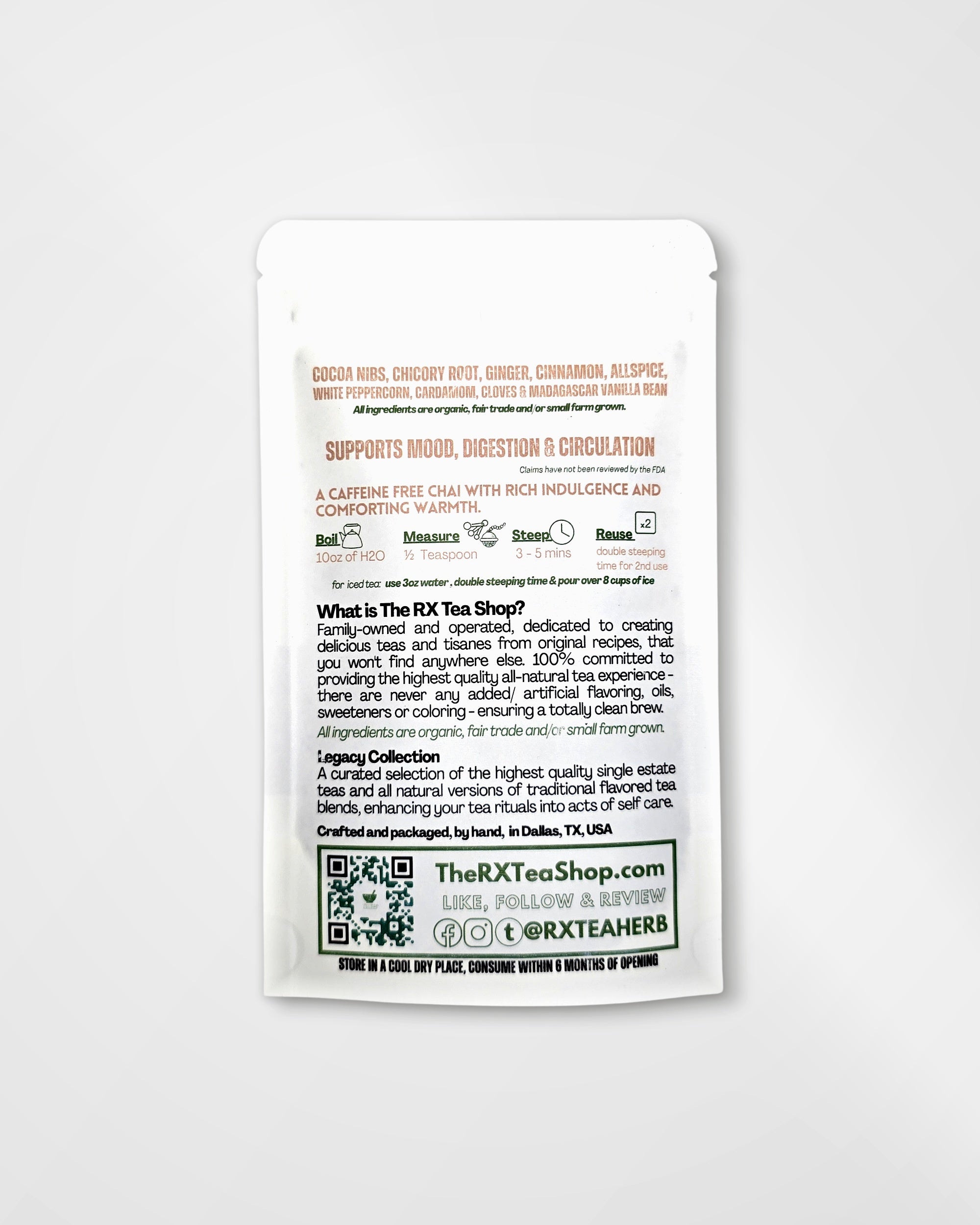 A single white stand-up pouch package photographed on a light gray background. The front is mostly blank, but the back shows product information including the brand name The RX Tea Shop, website text, ingredient mentions, icons, and a QR code.