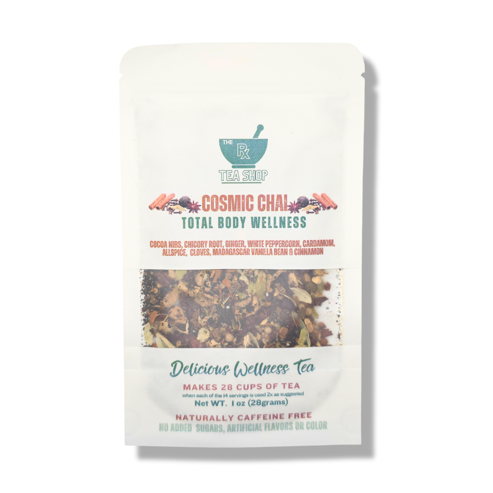 Tea package labeled 'Cosmic Chai' from The Tea Shop on a white background