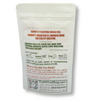 Image of the back of bag of Cosmic Chai tea with preparation instructions on a white background