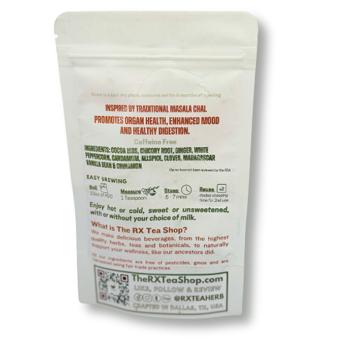 Image of the back of bag of Cosmic Chai tea with preparation instructions on a white background