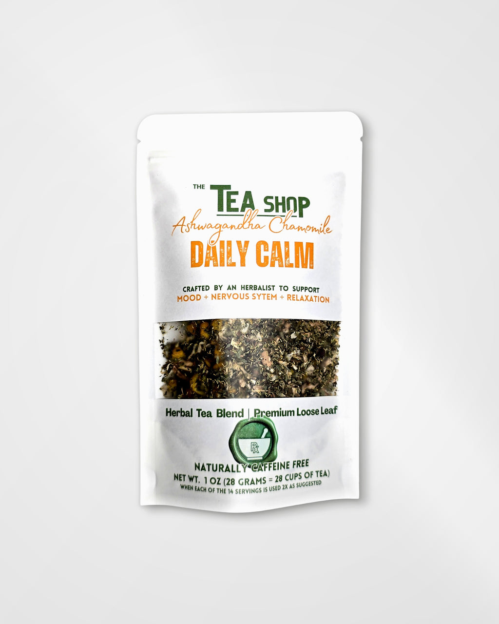A stand-up pouch of 'The Tea Shop' Ashwagandha Chamomile Daily Calm herbal tea blend, shown on a clean white background.
