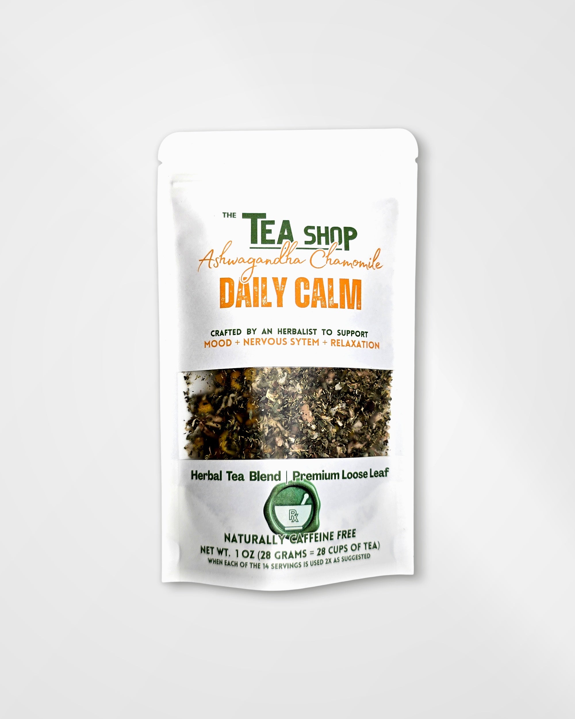 A stand-up pouch of 'The Tea Shop' Ashwagandha Chamomile Daily Calm herbal tea blend, shown on a clean white background.