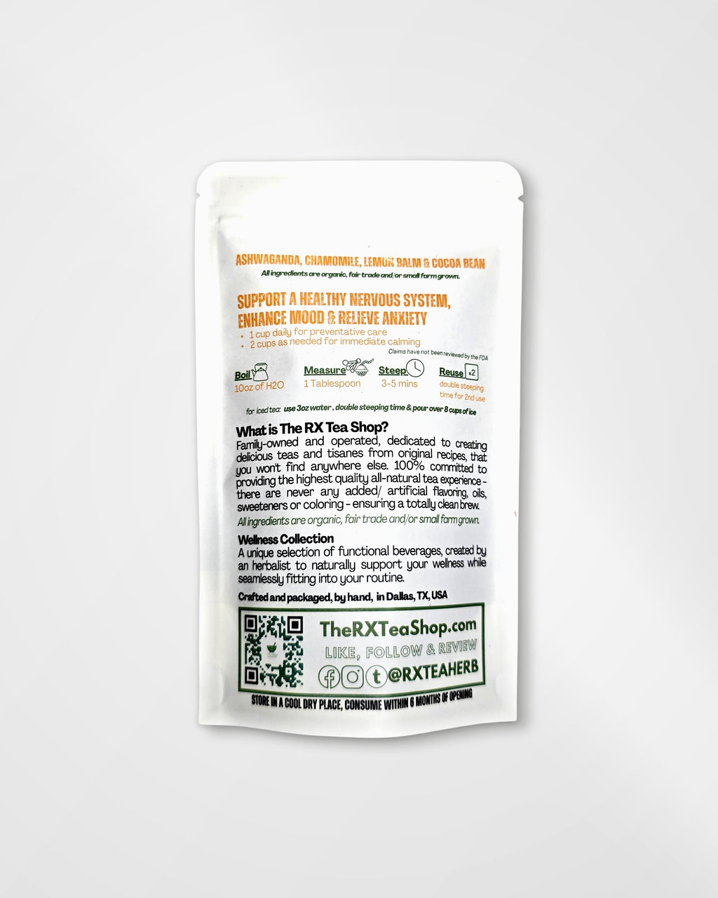 A single white stand-up pouch of The RX Tea Shop's 'Awakening Collection' tea, shown against a light gray background. The back of the pouch features detailed product information, ingredients, and a QR code.