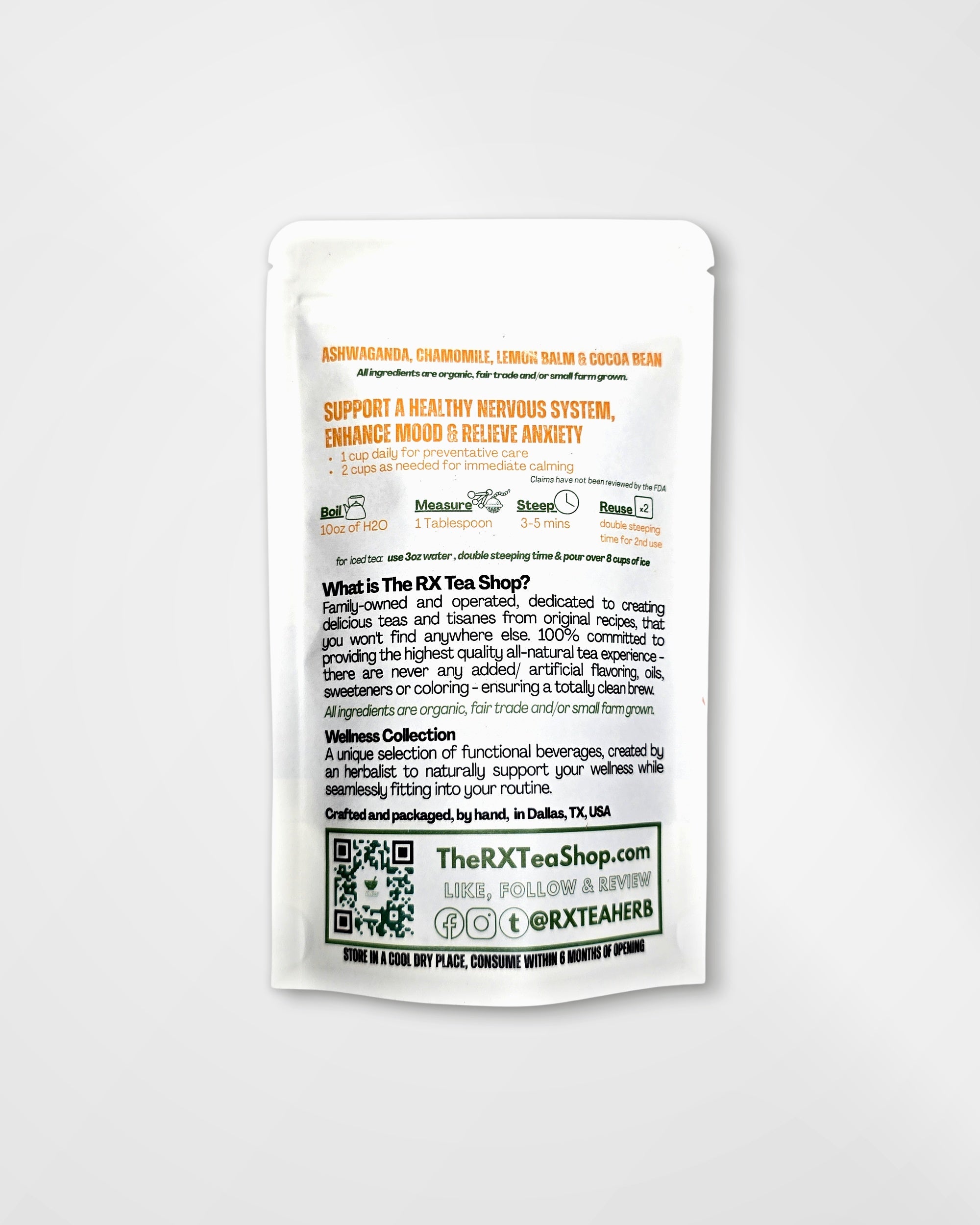 A single white stand-up pouch of The RX Tea Shop's 'Awakening Collection' tea, shown against a light gray background. The back of the pouch features detailed product information, ingredients, and a QR code.