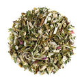 A circular pile of loose-leaf herbal tea blend containing dried green leaves, and small pink accents, isolated on a white background.