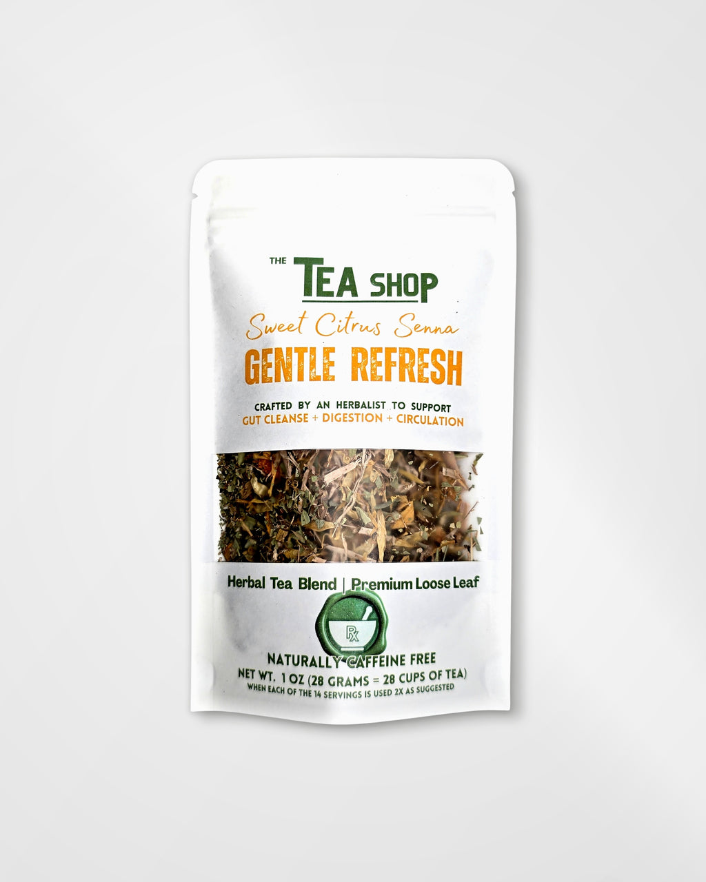 A stand-up pouch of 'The Tea Shop' Sweet Citrus Sona Gentle Refresh herbal tea blend, shown on a clean white background. The packaging is white with green and orange text, featuring a clear window displaying the loose leaf tea blend inside.