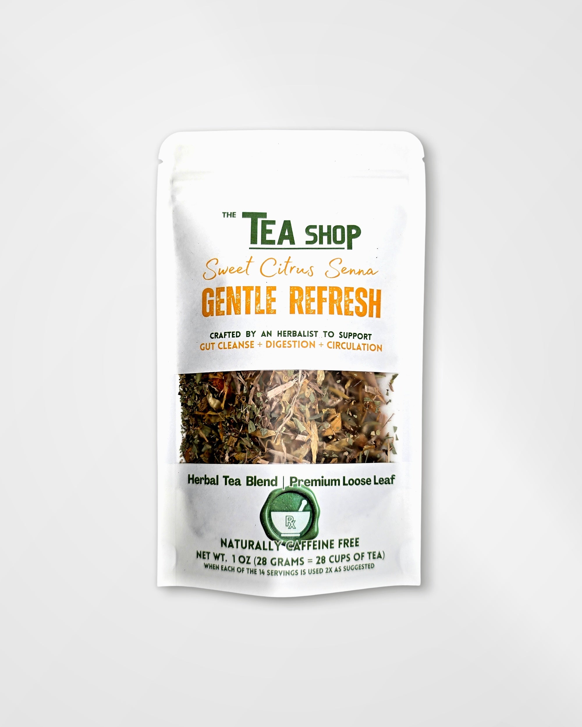 A stand-up pouch of 'The Tea Shop' Sweet Citrus Sona Gentle Refresh herbal tea blend, shown on a clean white background. The packaging is white with green and orange text, featuring a clear window displaying the loose leaf tea blend inside.