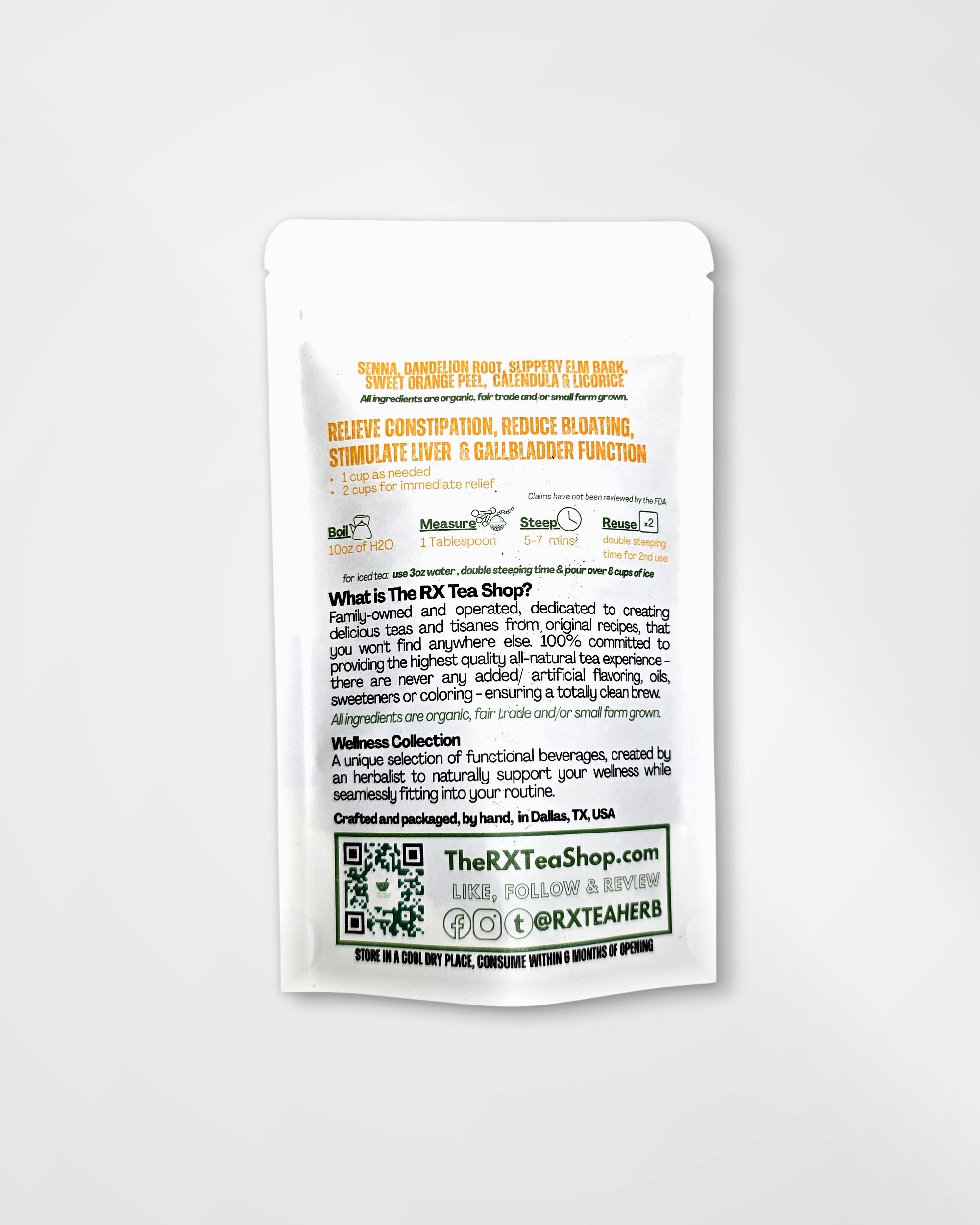 A white stand-up pouch of The RX Tea Shop herbal tea, photographed against a light gray background. The back of the pouch features orange and black text detailing the product's ingredients, benefits, and brand story, along with a QR code.