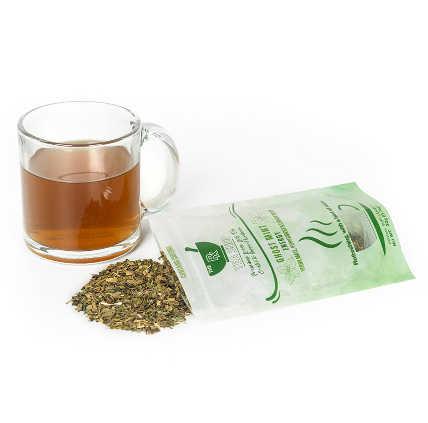 A pile of dried, crushed mint leaves coming out of bag of ghost mint