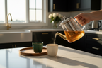Amber tea pouring from glass infusing tea pot into a ceramic tea mug