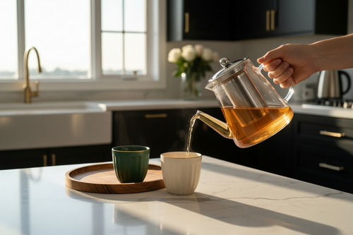 Amber tea pouring from glass infusing tea pot into a ceramic tea mug