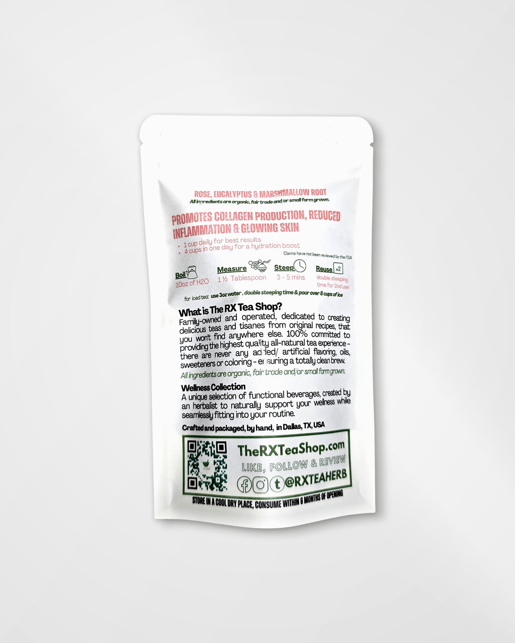 A white stand-up pouch of The RX Tea Shop's 'Promote Collagen Production, Reduced Inflammation & Glowing Skin' loose-leaf tea, shown on a light gray background.