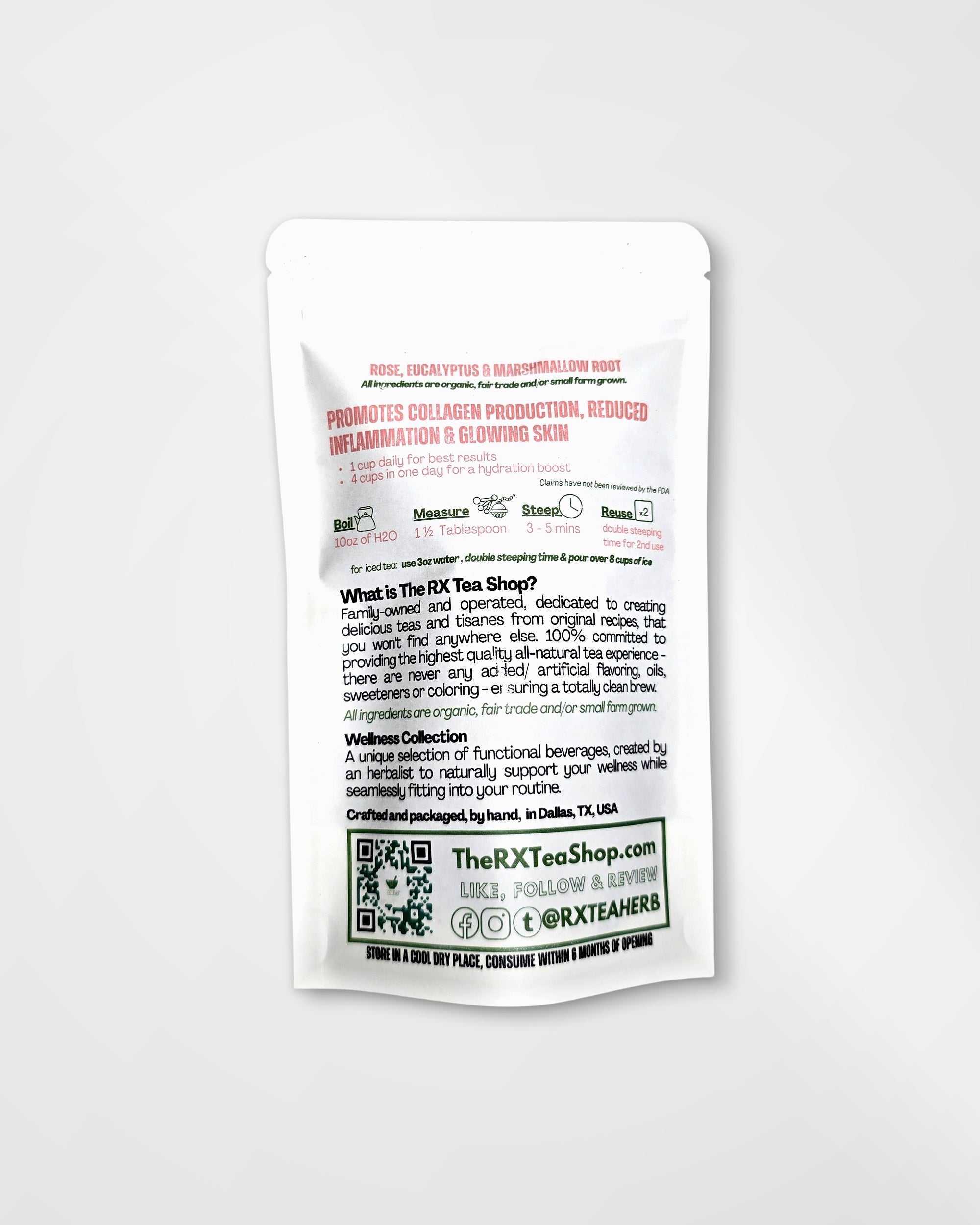 A white stand-up pouch of The RX Tea Shop's 'Promote Collagen Production, Reduced Inflammation & Glowing Skin' loose-leaf tea, shown on a light gray background.