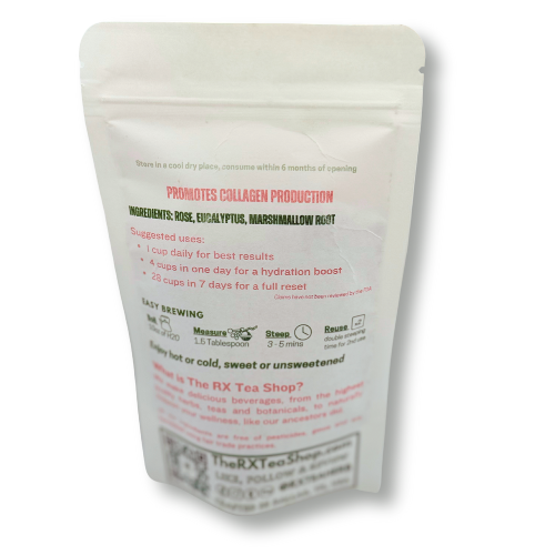 Image of the back of a bag of Harlequin Glow tea on a white background