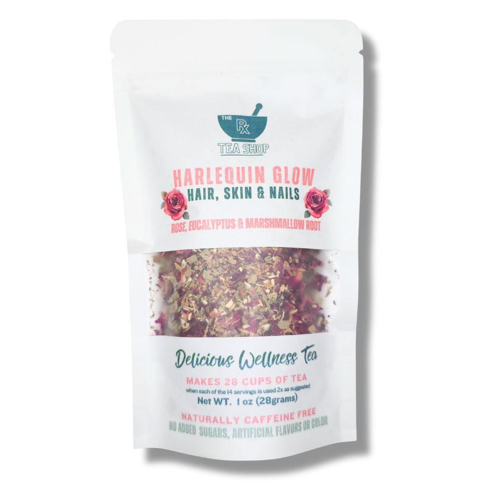 Tea package front labeled 'Harlequin Glow' with visible tea leaves on a white background