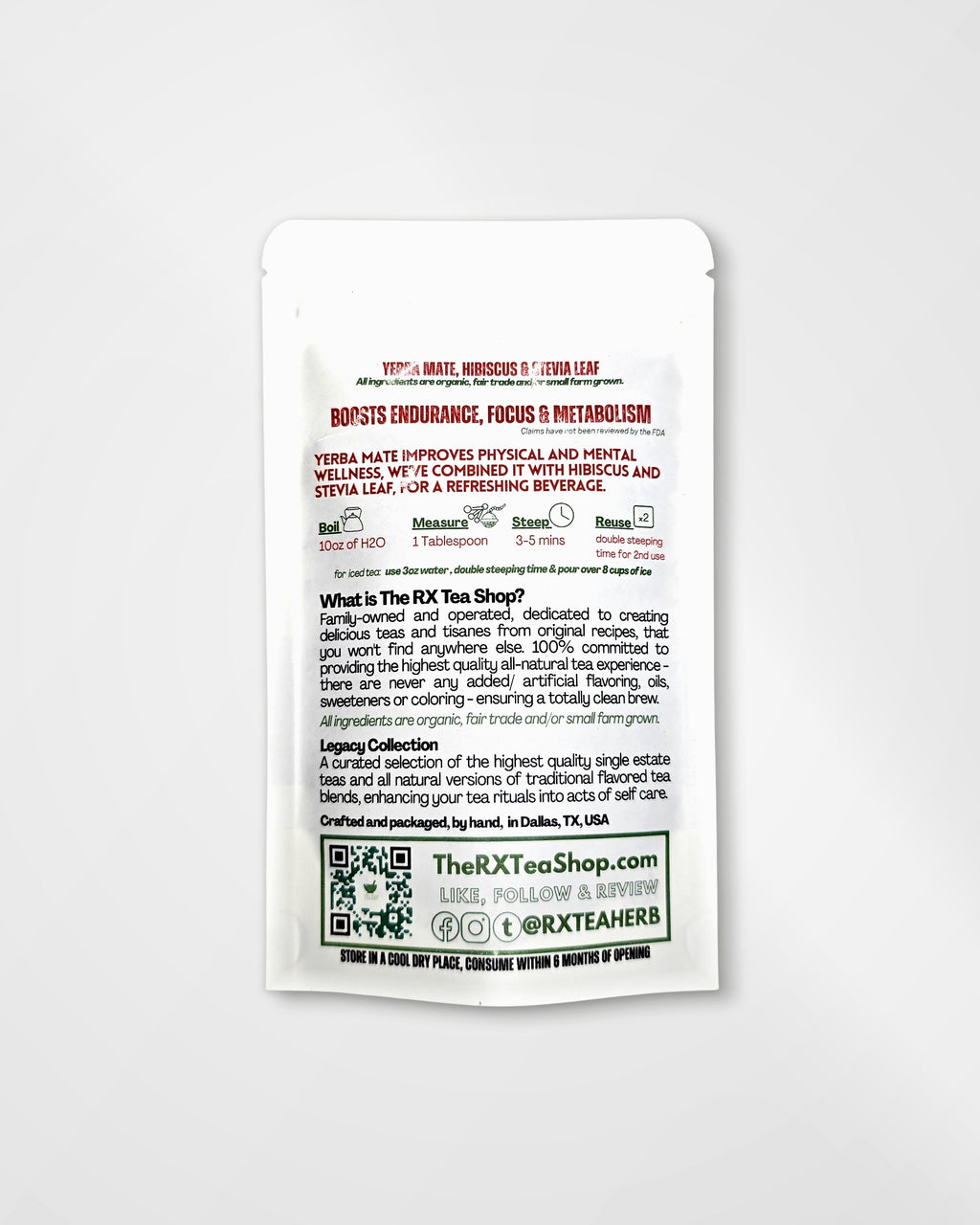 A single white resealable tea pouch package photographed on a plain white background. The front shows red and black text, including the brand name The RX Tea Shop, product details, ingredients, usage, and a QR code.