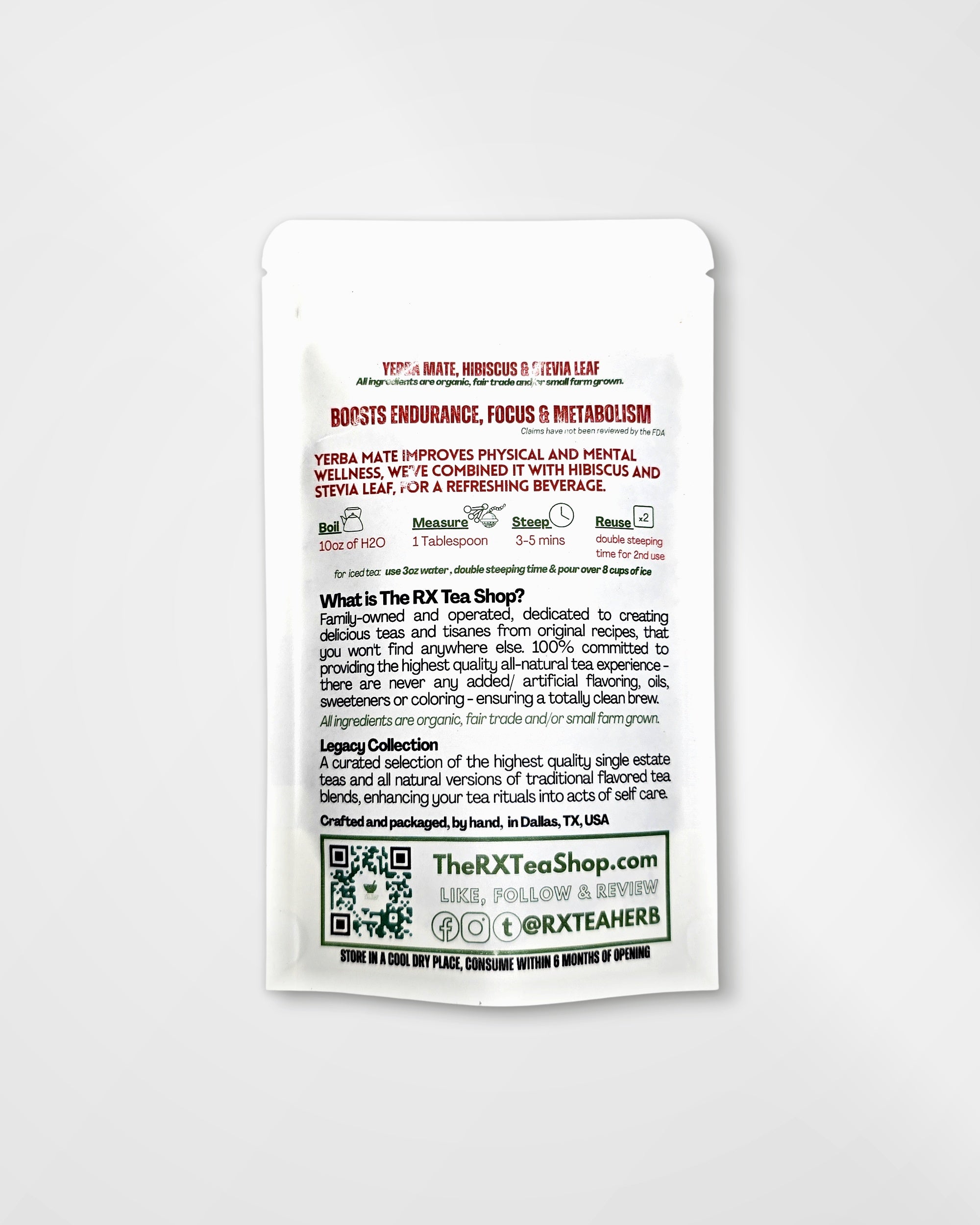 A single white resealable tea pouch package photographed on a plain white background. The front shows red and black text, including the brand name The RX Tea Shop, product details, ingredients, usage, and a QR code.