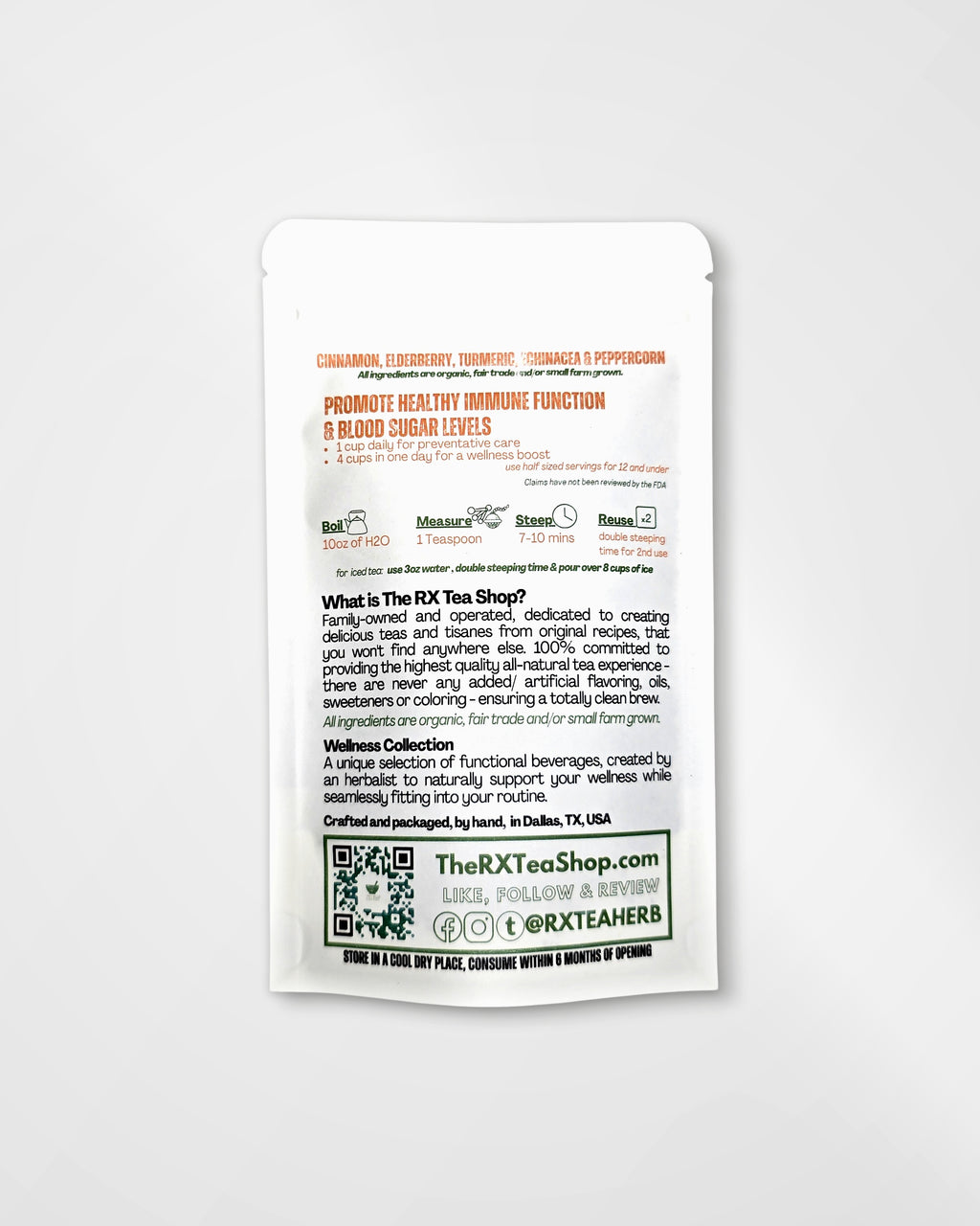 A single white RX Tea Shop tea packet with orange and black text, photographed against a light gray background.