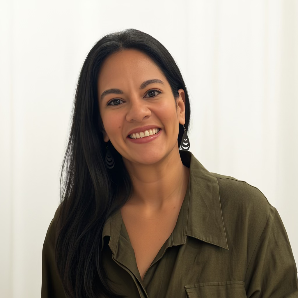 headshot of a woman with black hair and olive skin