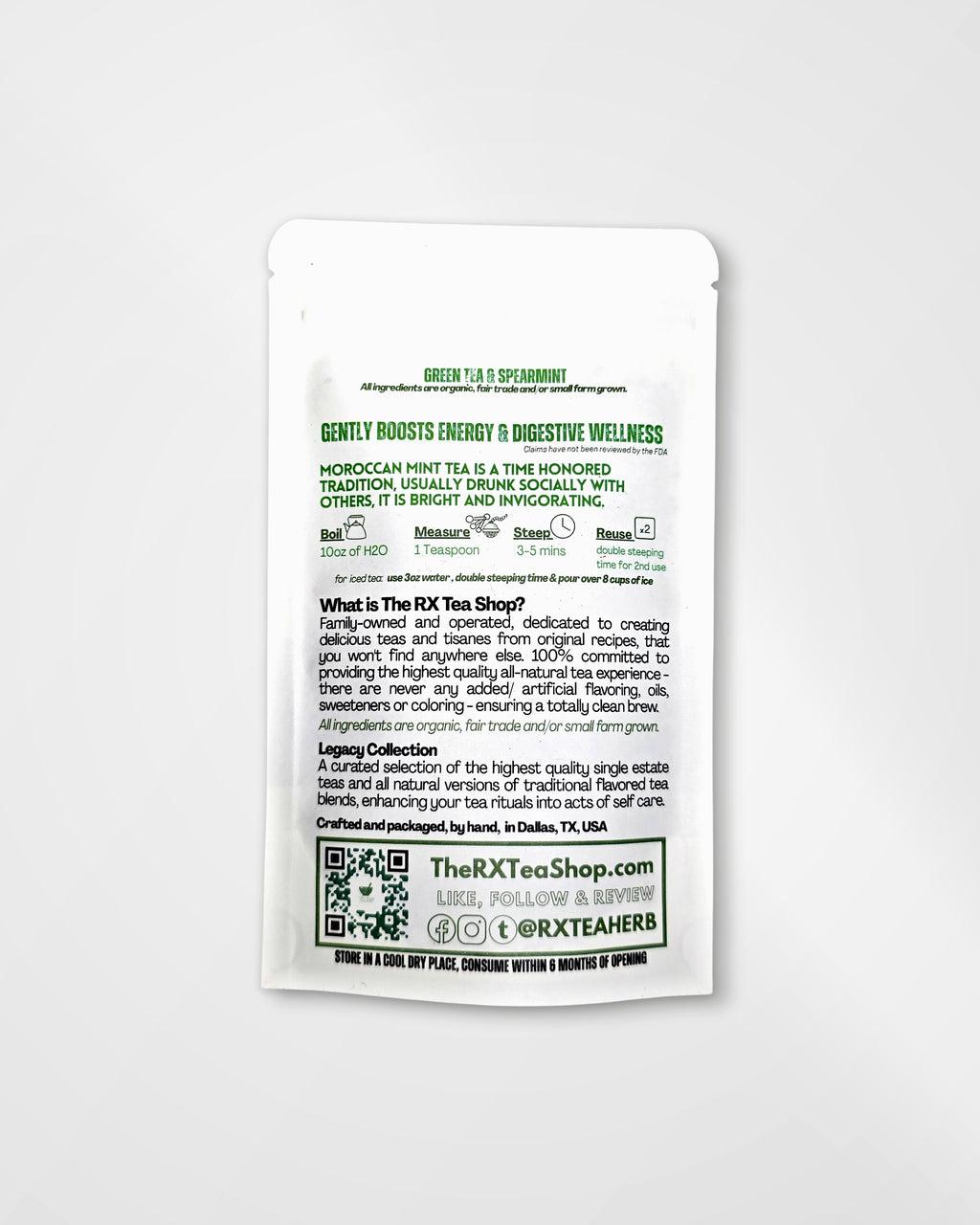 A single white stand-up pouch package for Green Tea and spearmint from The RX Tea Shop, photographed against a clean white background with a soft shadow.
