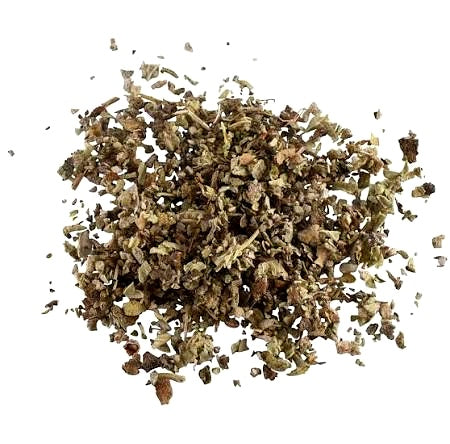 A pile of dried, chopped herbal tea ingredients, showing various shades of brown, tan, and olive green, isolated on a solid white background.