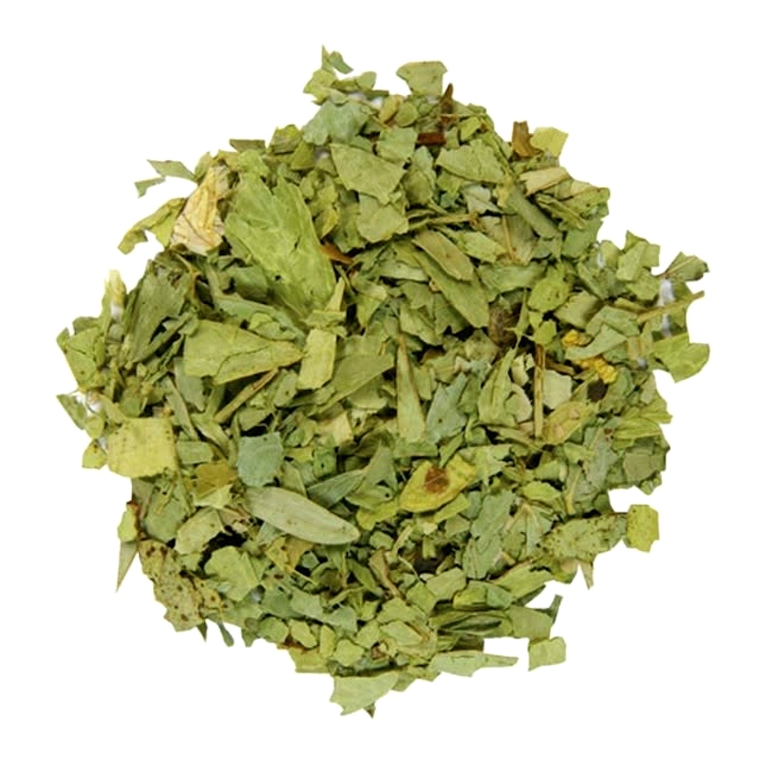 A pile of dried, chopped green leaves, likely herbal tea or botanical powder, isolated on a solid white background.