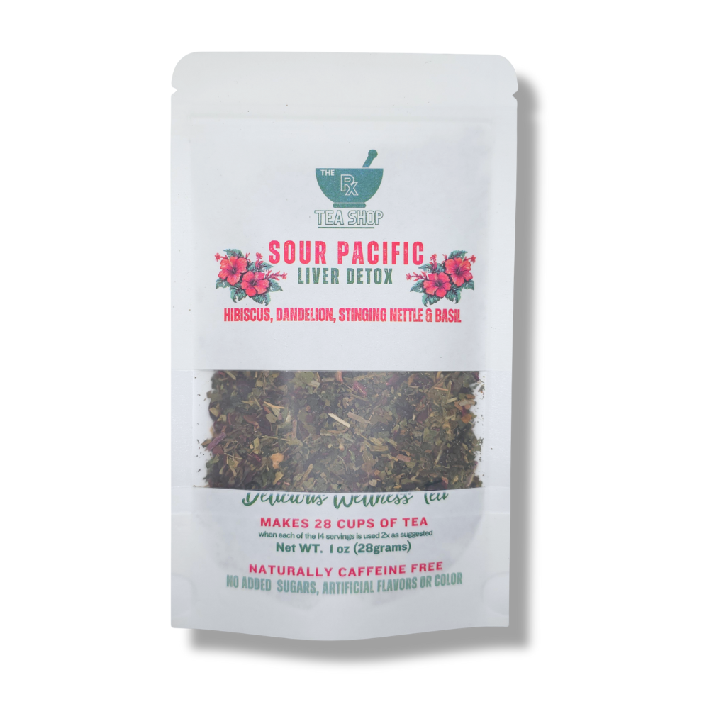 Tea package labeled 'Sour Pacific Liver Detox' with window showing herbs on a white background