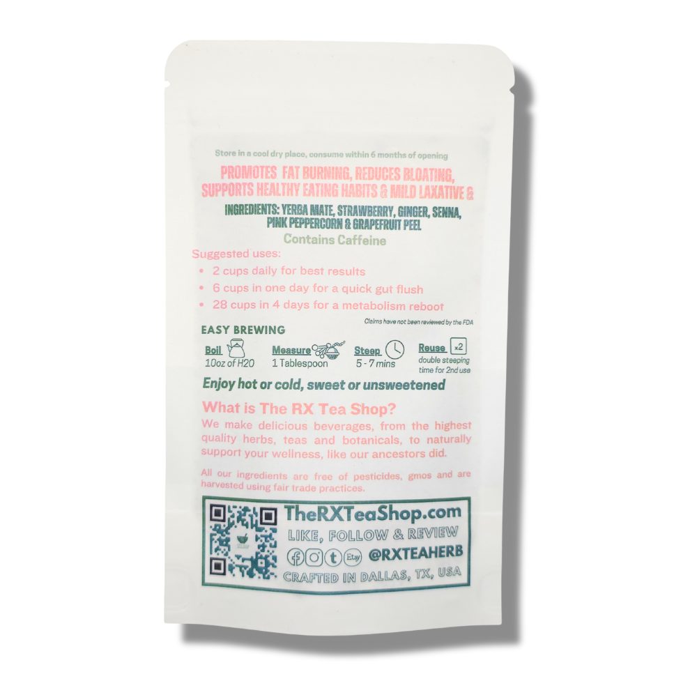 Tea package with text and QR code to The RX Tea Shop on a white background