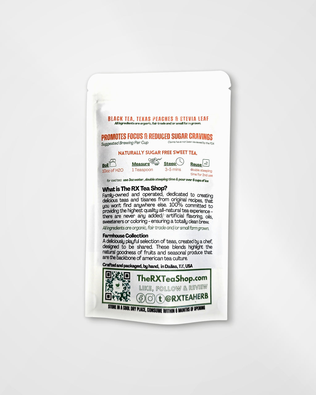 A single white tea bag packet from The RX Tea Shop is shown against a light gray background. The packaging features black and orange text detailing the flavor profile of black tea, peach, and stevia leaf, along with product information and a QR code.