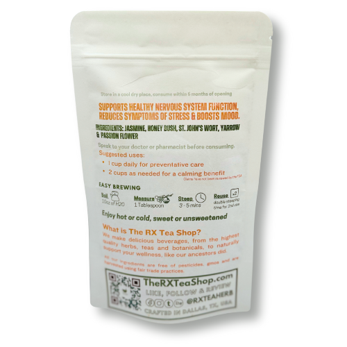 Back of a bag of Tahitian Honey Tea on a white background 