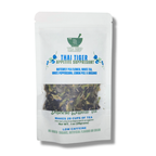 Tea package labeled 'Thai Tiger Appetite Suppresant' with tea leaves visible on a white background
