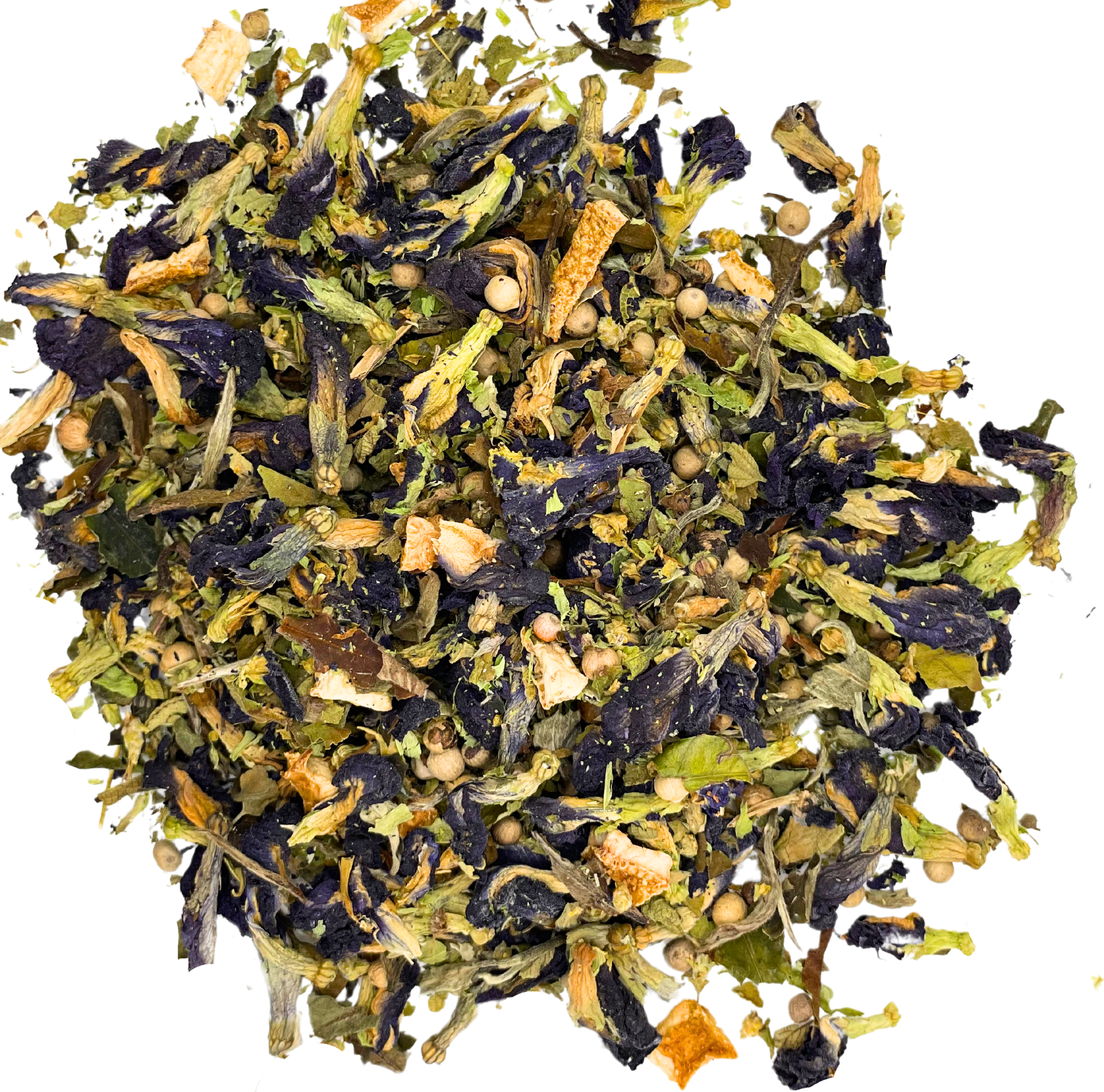 Butterfly Pea Flower and other dried herbs on a white background