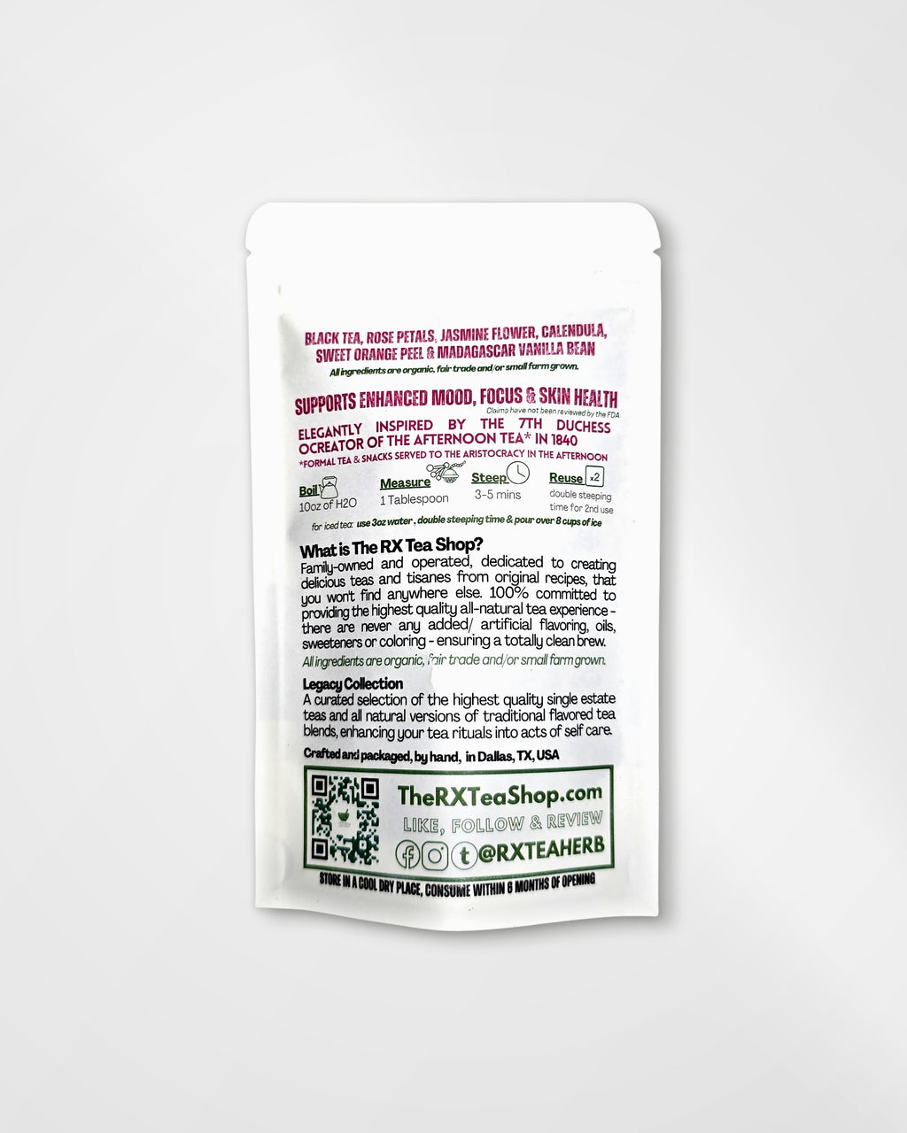 A single white stand-up pouch of The RX Tea Shop black tea, shown against a plain white background. The back of the pouch features detailed product information, ingredients, benefits, and a QR code in black and dark red text.