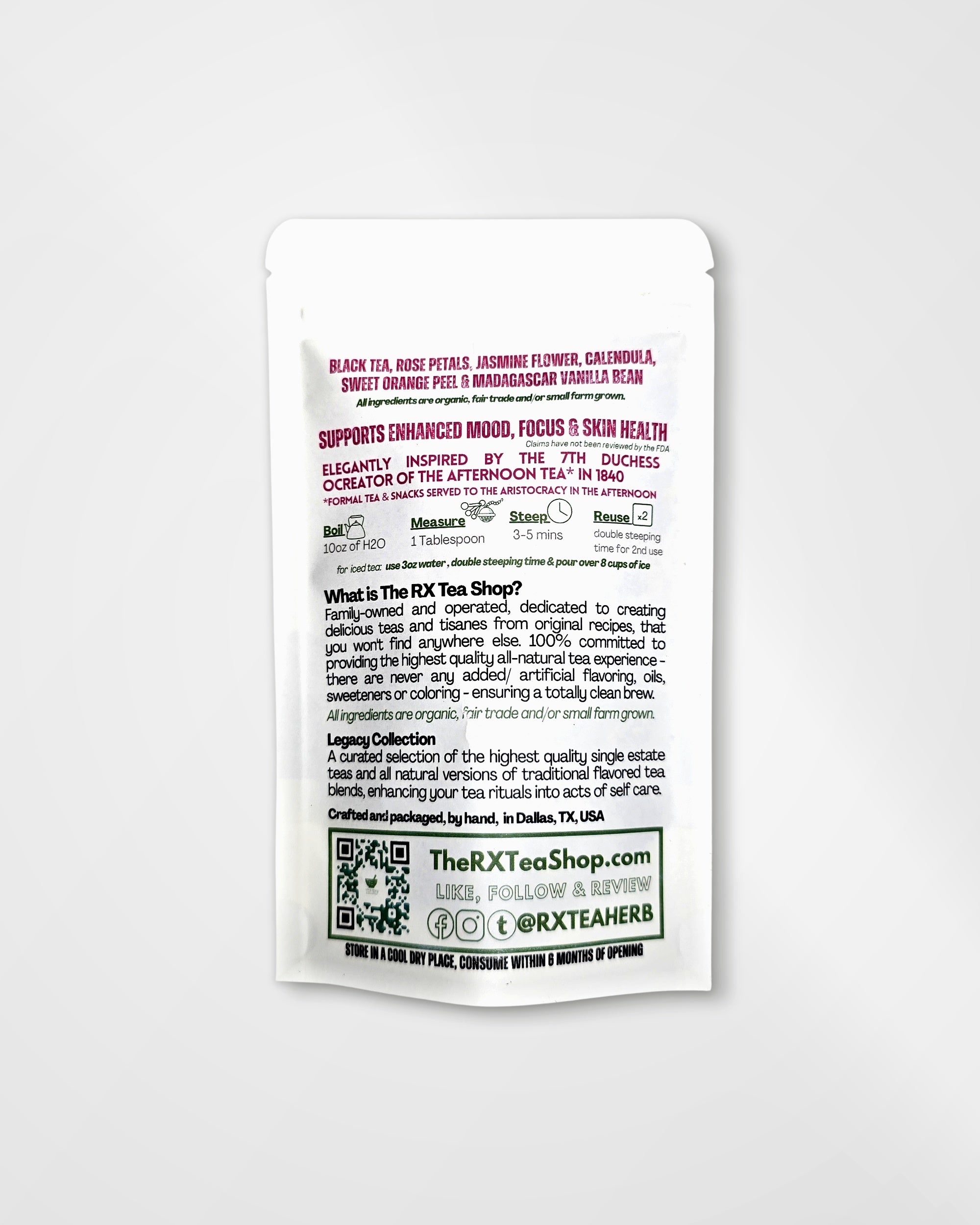 A single white stand-up pouch of The RX Tea Shop black tea, shown against a plain white background. The back of the pouch features detailed product information, ingredients, benefits, and a QR code in black and dark red text.