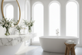 a beautiful bathroom with flowers, a luxurious modern bathtub, a sun light white marble countertop and an oversized mirror