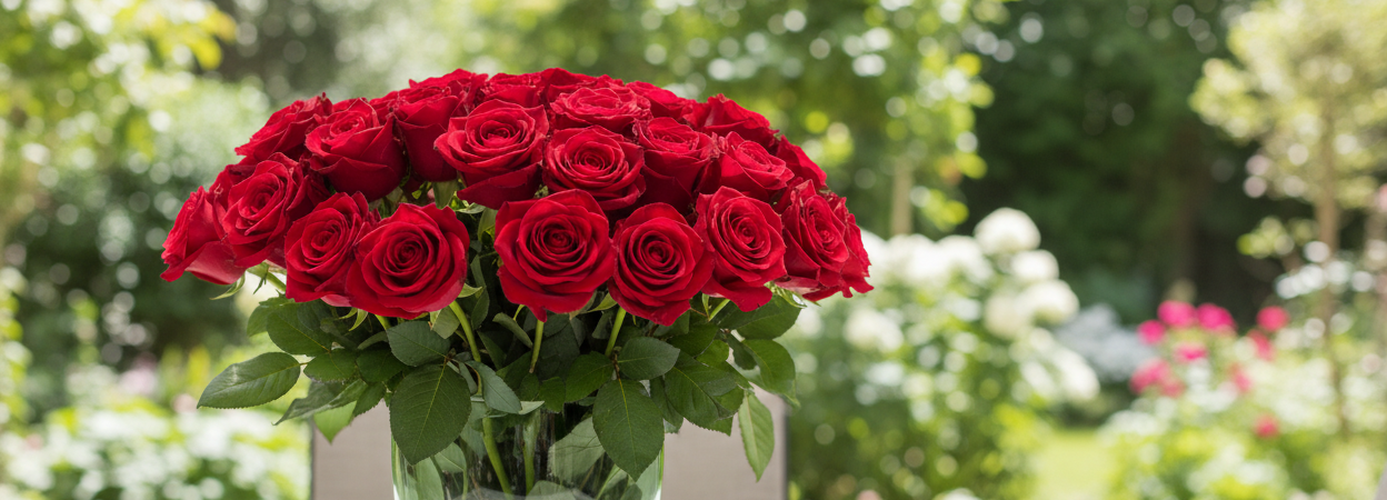 a landscape photo of a bouquet of red roses in a modern green glass vase, on top a brightly lit white marble table 
