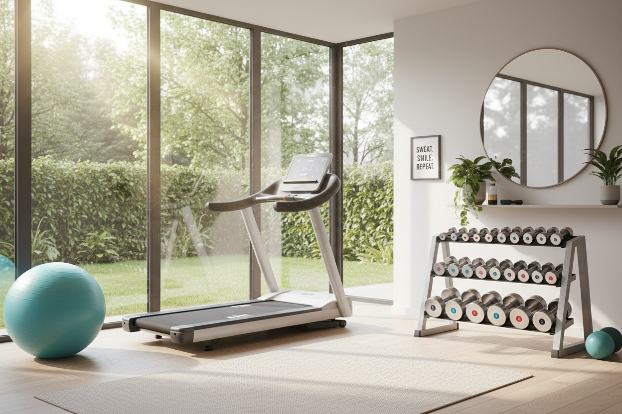 a sunlit  home gym with a treadmill, yoga ball and weights