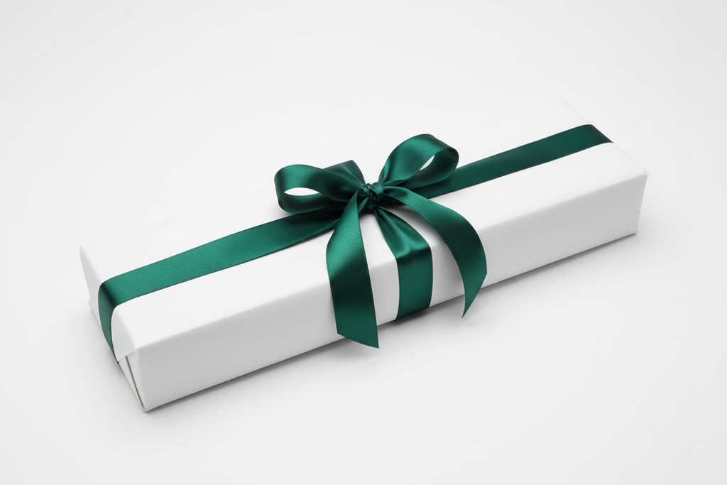 long and thing white gift box with a dark green bow