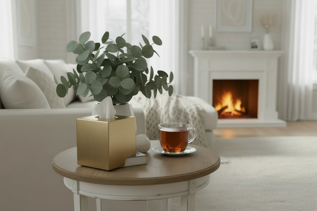 make the tissue box a brushed brass and the knit blanket a soft grey