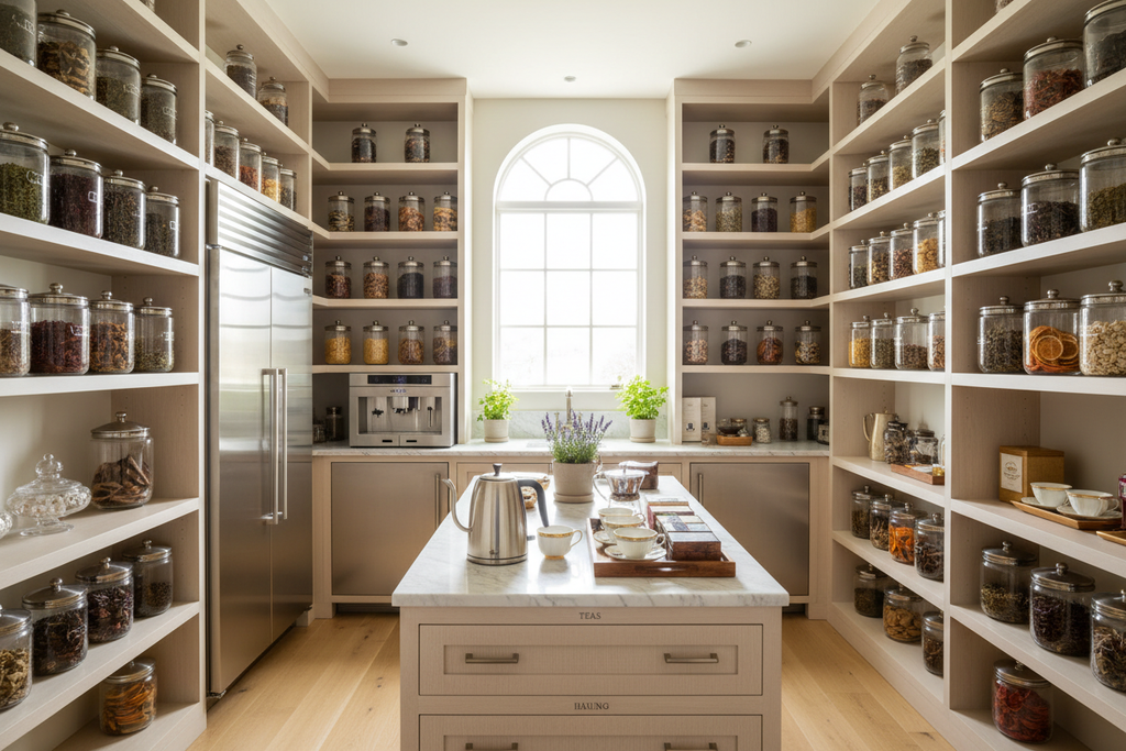 the inside of a luxurious brightly lit pantry with glass jars, high end appliances and a tea bar set up