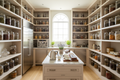 the inside of a luxurious brightly lit pantry with glass jars, high end appliances and a tea bar set up
