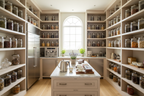 the inside of a luxurious brightly lit pantry with glass jars, high end appliances and a tea bar set up